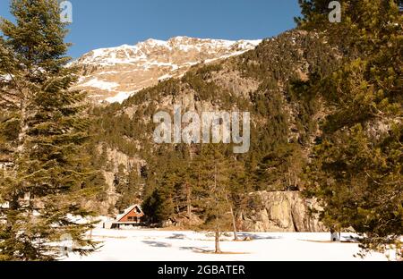 Winter im Naturschutzgebiet Pont d'Espagne, Favorit der Langläufer und Schneeschuhwanderer, Frankreich Stockfoto