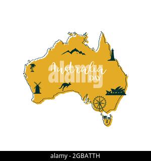 Stilisierte Karte von Australien mit den wichtigsten australischen Symbolen Kanguroo, Sydney Opera House, Riesenrad, Light House, Palmen und Bergen. Vektorgrafiken Stock Vektor