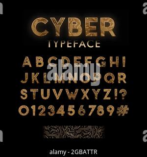 Schrift mit goldenem Leiterplattenmuster. Digitaler Vektor Schriftdesign. Cyber-Alphabet. Stock Vektor