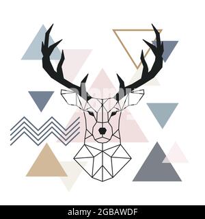 Geometrischer Schnauzenhirsch. Skandinavischer Stil. Farbe geometrischer Hintergrund. Vektorgrafik. Stock Vektor