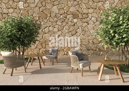 Café im skandinavischen Stil mit offener Terrasse und Korbmöbeln und Bäumen. Wandanbau aus Stein. 3D-Renderdarstellung. Stockfoto