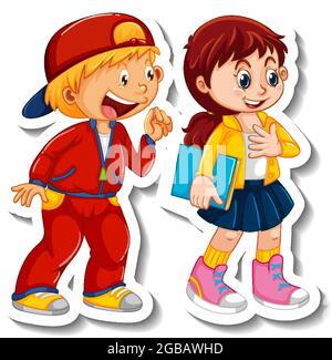 Sticker Vorlage mit paar Kindern Studenten Cartoon Charakter isoliert Illustration Stock Vektor