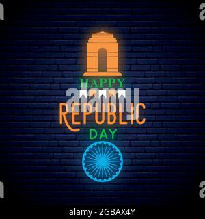 Happy India Republic Day vertikales Neon-Grußbanner. Vektor-Licht-Schild. Stock Vektor