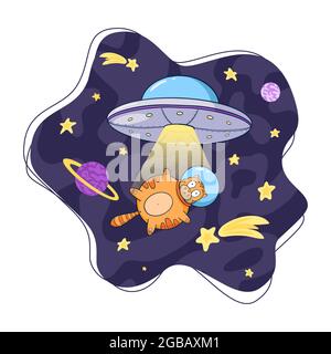 Cartoon-Illustration zu UFO und Cat Astronaut im Weltraum. Fliegende Untertasse und Raumfahrer Tiervorlage für Logo, Druck, Kinderzimmer Dekor, Web-Design, Banner, Flyer, Aufkleber, Karte Stock Vektor