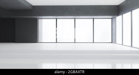 Moderne, dunkle Zimmereinrichtung mit großen Fenstern und heller Sonnenbeleuchtung, 3d-Darstellung Stockfoto