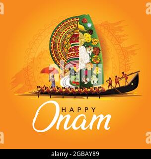 Happy onam mit kathakali und Kerala Bootsrennen, Verwendung für Poster, Flugblatt, Banner Stock Vektor