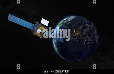Neuer Telekommunikationssatellit umkreist die Erde - NASA-Karte - 3D-Rendering Stockfoto