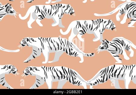 Handgezeichneter Vektor abstrakt Stock moderne Grafik-Illustrationen, Safari-Bohemien zeitgenössische nahtlose Muster-Druck mit exotischen wilden Tigern Tiere Stock Vektor