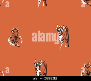 Handgezeichneter Vektor abstrakter Stock-Vektor moderne grafische Illustration, Safari-Bohemian zeitgenössische nahtlose Musterdruck mit exotischen Tigern Tiere Stock Vektor