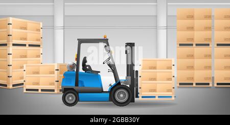 Gabelstapler im Lager mit vielen Kartons auf einer Palette Vektorgrafik. Stock Vektor