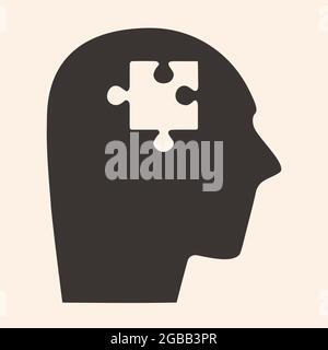 Psychologische Hilfe. Menschlicher Kopf mit einem Puzzleteil im Inneren. Vektor flach isolierte Illustration. Stock Vektor