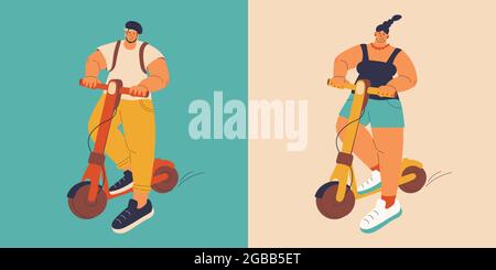 Set von Vektor-Illustrationen von Menschen auf Elektro-Scooter. Mann und Frau auf Kick Scootern. Flache Personas modisch im Design. Stock Vektor