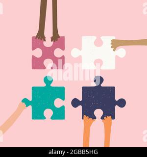 Hände halten Puzzleteile. Vektor handgezeichnete Illustration für Design. Teamwork-Konzept. Stock Vektor