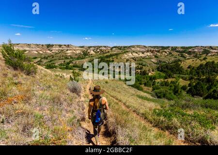 Frau beim Wandern auf dem Petrified Forest Loop Trail im Theodore Roosevelt National Park, North Dakota, USA, Nordamerika Stockfoto