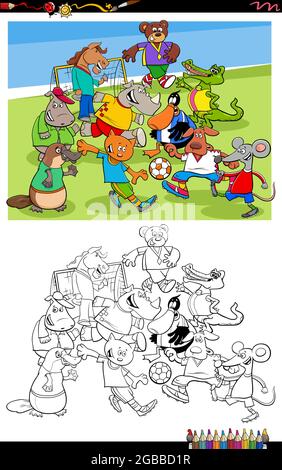 Cartoon Illustration von Comic-Tier-Figuren Gruppe spielen Fußball oder Fußball Färbung Buch Seite Stock Vektor