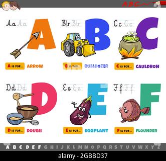 Cartoon Illustration von Großbuchstaben aus Alphabet pädagogischen Satz für Lese- und Schreibpraxis für Kinder von A bis F Stock Vektor