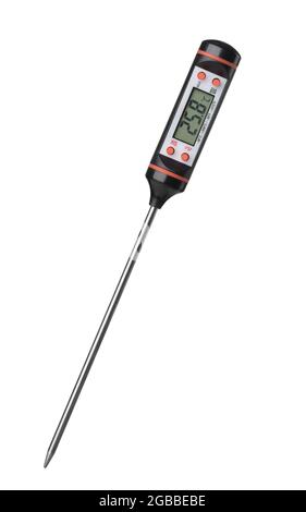 Digitales Instant-Read-Thermometer für Lebensmittel mit LCD-Anzeige, isoliert auf Weiß Stockfoto