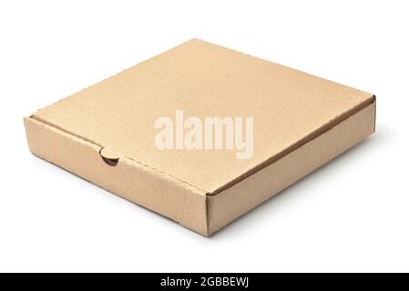 Leere braune Pappkarton Pizza Box isoliert auf weiß Stockfoto