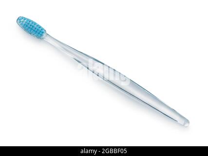 Draufsicht der transparenten Plastikzahnbürste isoliert auf weiß Stockfoto