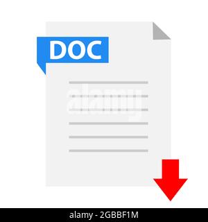DOC-Symbol auf weißem Hintergrund herunterladen. DOC-Datei mit Pfeil nach unten. Dokument wird heruntergeladen. Flacher Stil. Stockfoto
