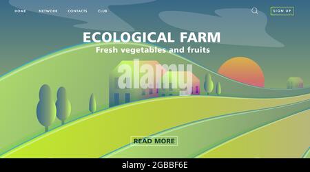 Landing-Page-Banner mit Landschaftsdarstellung der Öko-Farm in grünen Hügeln, 3d-Kompositionsvektor Stock Vektor