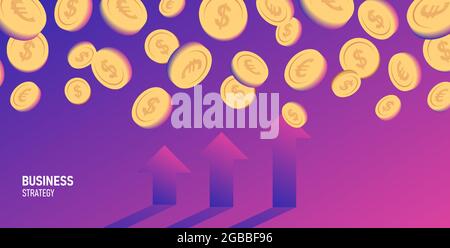 Banner zur Geschäftsstrategie mit fallenden Golddollar-Münzen und Infografik-Pfeilen auf violettem Hintergrund Stock Vektor