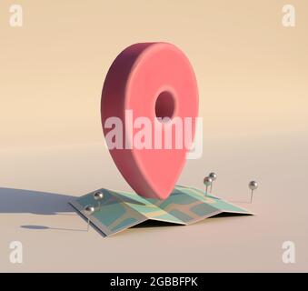 Locator-Karte, die sich über eine fixierte Karte bewegt. Navigations-PIN-Symbol. 3D-Rendering mit handgemalter Textur. Seitenansicht. Stockfoto