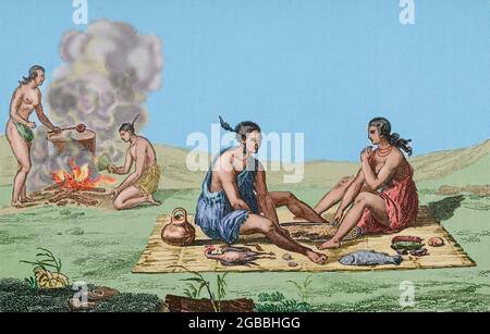 Vereinigte Staaten von Amerika. Französische Expedition des 16th. Jahrhunderts. Florida. Seminoles Indianer. Speisen und Zubereitung von Mahlzeiten. Jacques Le Moyne de Morgues (1533-1588) machte die Illustrationen während der Expedition. 19th Jahrhundert Stich nach dem Original von Jacques Le Moyne. Panorama Universal. Geschichte der Vereinigten Staaten von Amerika, von 1st Ausgabe von Jean B.G. Roux de Rochelle's Etats-Unis d'Amérique im Jahr 1837. Spanische Ausgabe, gedruckt in Barcelona, 1850. Spätere Färbung. Stockfoto