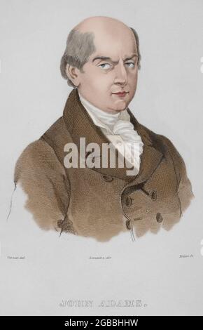 John Adams (1735-1826). Amerikanischer Politiker. Führer der amerikanischen Revolution. Zweiter Präsident der Vereinigten Staaten von Amerika (1797-1801). Hochformat. Gravur von Vernier. Panorama Universal. Geschichte der Vereinigten Staaten von Amerika, von 1st Ausgabe von Jean B.G. Roux de Rochelle's Etats-Unis d'Amérique im Jahr 1837. Spanische Ausgabe, gedruckt in Barcelona, 1850. Spätere Färbung. Stockfoto