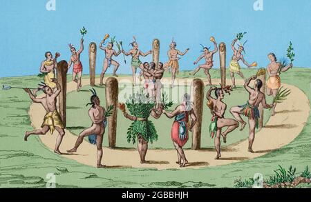 16th Jahrhundert. Indianischer Tanz. Virginia. Männer und Frauen tanzen um 'drei der fayrest Jungfrauen' in der Mitte. Stich von Vernier, inspiriert von einer Illustration aus dem 16th. Jahrhundert von Theodor de Bry (1528-1498). Panorama Universal. Geschichte der Vereinigten Staaten von Amerika, von 1st Ausgabe von Jean B.G. Roux de Rochelle's Etats-Unis d'Amérique im Jahr 1837. Spanische Ausgabe, gedruckt in Barcelona, 1850. Spätere Färbung. Stockfoto