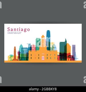 Santiago bunte Architektur Vektor Illustration, Skyline Stadt Silhouette, Wolkenkratzer, flaches Design. Stock Vektor