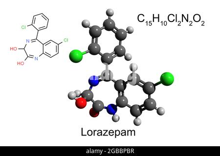 Chemische Formel, Skelettformel und 3D-Ball-and-Stick-Modell des Benzodiazepin-Medikaments Lorazepam, weißer Hintergrund Stockfoto