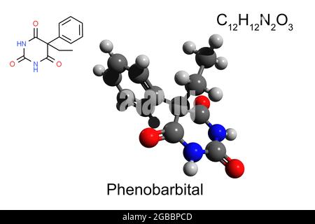 Chemische Formel, Skelettformel und 3D-Ball-and-Stick-Modell des Medikaments Phenobarbital, weißer Hintergrund Stockfoto