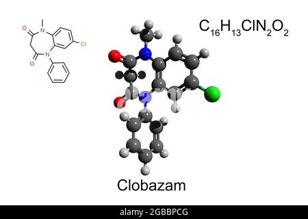 Chemische Formel, Skelettformel und 3D-Ball-and-Stick-Modell des krampflösenden Medikaments Clobazam, weißer Hintergrund Stockfoto