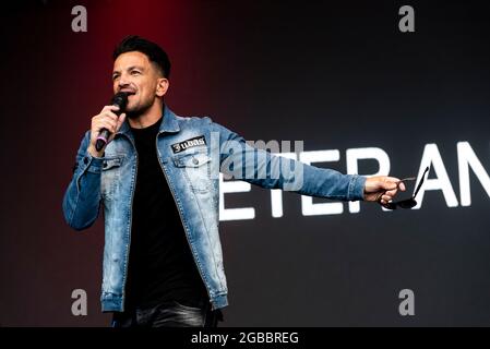 Peter Andre trat auf der Bühne beim Fantasia-Musikkonzert in Maldon, Essex, Großbritannien auf Stockfoto