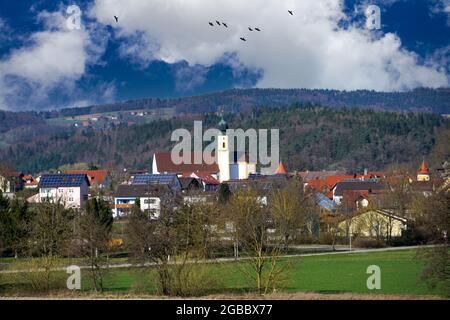 Wörth an der Donau ist eine Stadt in Bayern mit einem sehr gut restaurierten Schloss auf einem Berg Stockfoto