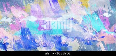 Hintergrund mit dickem Pinsel und Struktur, Abdeckung. Moderne Kunstleinwand in blau und lila Farbe Stockfoto