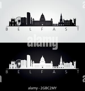 Silhouette der Skyline von Belfast und Wahrzeichen, Schwarzweiß-Design, Vektorgrafik. Stock Vektor