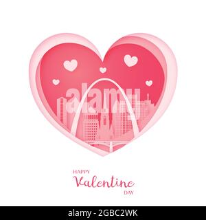 Valentinskarte. Papier geschnitten Herz und die Stadt St. Louis. Alles Liebe zum Valentinstag. Vektorgrafik. Stock Vektor