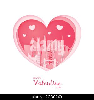 Valentinskarte. Papier geschnitten Herz und die Stadt London. Alles Liebe zum Valentinstag. Vektorgrafik. Stock Vektor