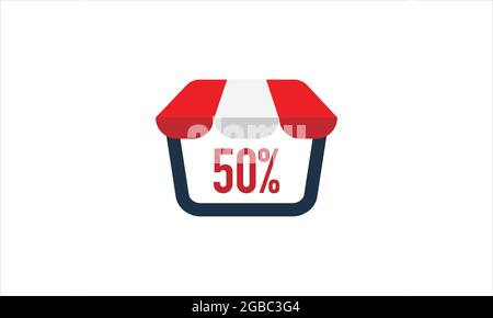 50 % Rabatt auf Schaufenster mit rot-weißem Fensterschirm, Zelt-Icon-Logo-Design Stock Vektor