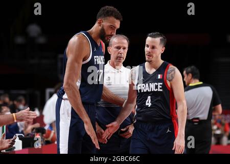 Rudy GOBERT (27) aus Frankreich, Vincent COLLET (C) aus Frankreich und Thomas HEURTEL (4) aus Frankreich während der Olympischen Spiele Tokio 2020, Nom de l'épreuve am 3. August 2021 im Aomi Urban Sports Park in Tokio, Japan - Foto Ann-Dee Lamour / CDP MEDIA / DPPI Stockfoto