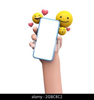 Person, die ein Smartphone mit Emoji-Online-Symbolen für soziale Medien hält. 3D-Rendering Stockfoto