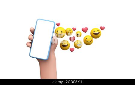 Person, die ein Smartphone mit Emoji-Online-Symbolen für soziale Medien hält. 3D-Rendering Stockfoto