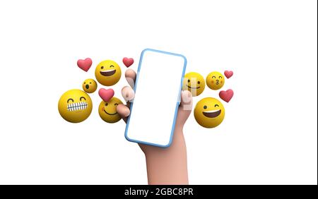 Person, die ein Smartphone mit Emoji-Online-Symbolen für soziale Medien hält. 3D-Rendering Stockfoto