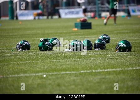 3. August 2021, Florham Park, New Jersey, USA: New York Jets NFL Übungstraining im Atlantic Health Jets Training Center, Florham Park, New Jersey. Duncan Williams/CSM Stockfoto