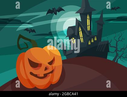 Banner mit Kürbiskopf auf dem Hintergrund der Burg. Halloween Postkarte Design im Cartoon-Stil. Stock Vektor