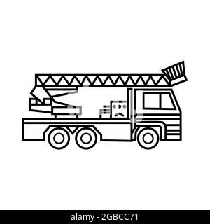 vektor-lineares Symbol eines Feuerwehrwagens auf weißem Hintergrund. Stock Vektor