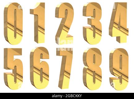 Großer Satz von hochauflösenden Gold-Metall-3D-Zahlen Stockfoto