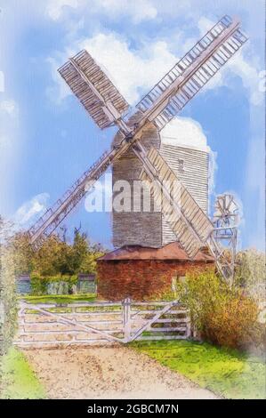 Bild von Stanton Windmühle East Sussex mit gemaltem Effekt und zusätzlicher Textur Stockfoto